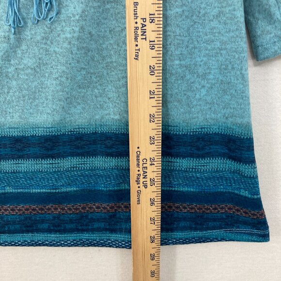 New Cactus + Pearl Large Blue 3/4 Sleeve Stretch Knit Scarf Boho Print Top - Picture 4 of 8